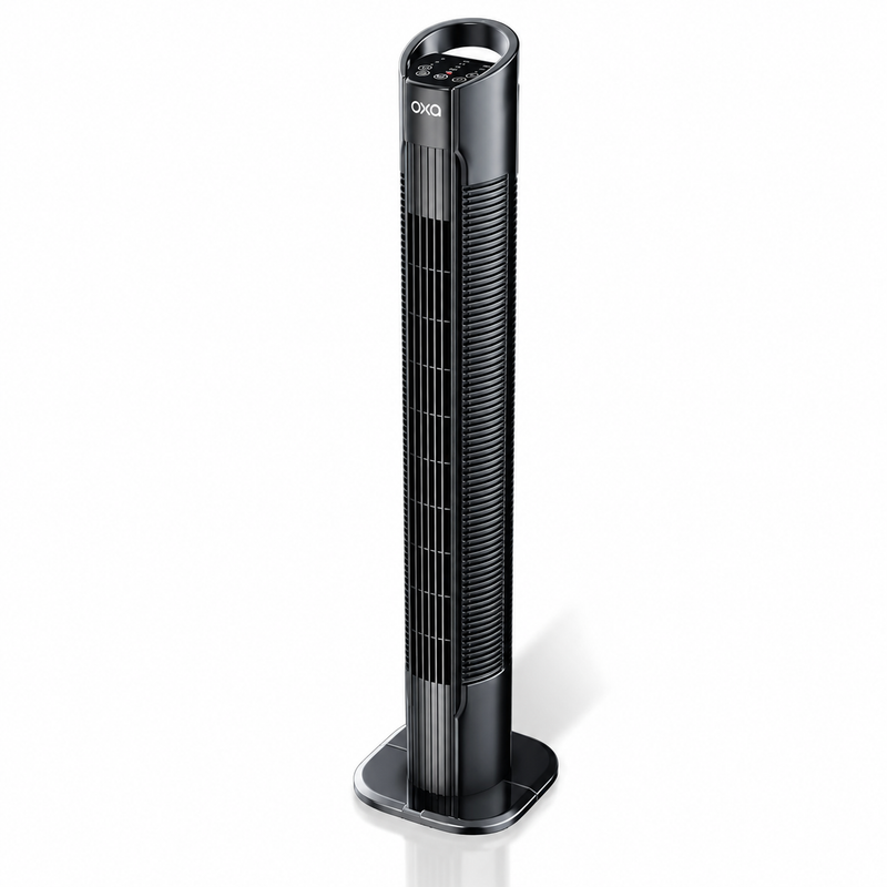 Oxa Tower Fan in black on a white background