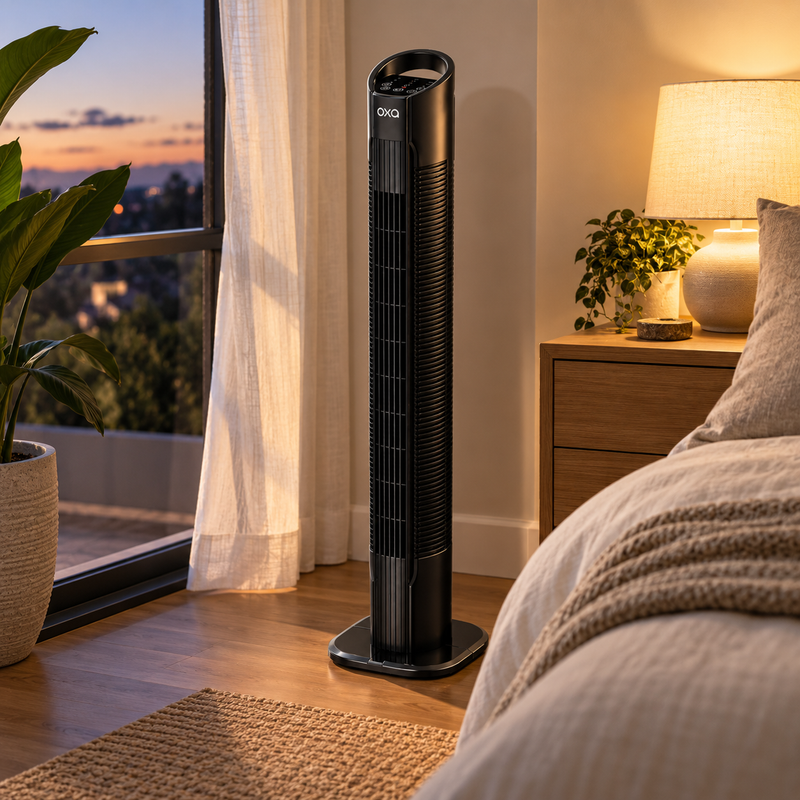Oxa Tower Fan beside a bed at dusk