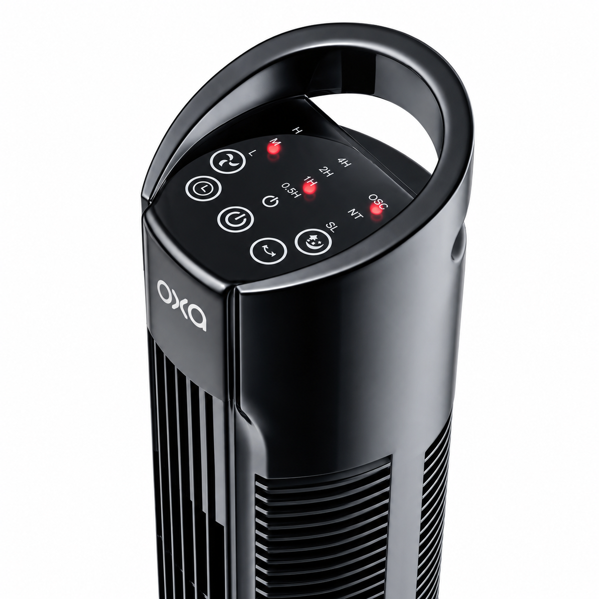 Touch controls and carry handle on top of the Oxa Tower Fan