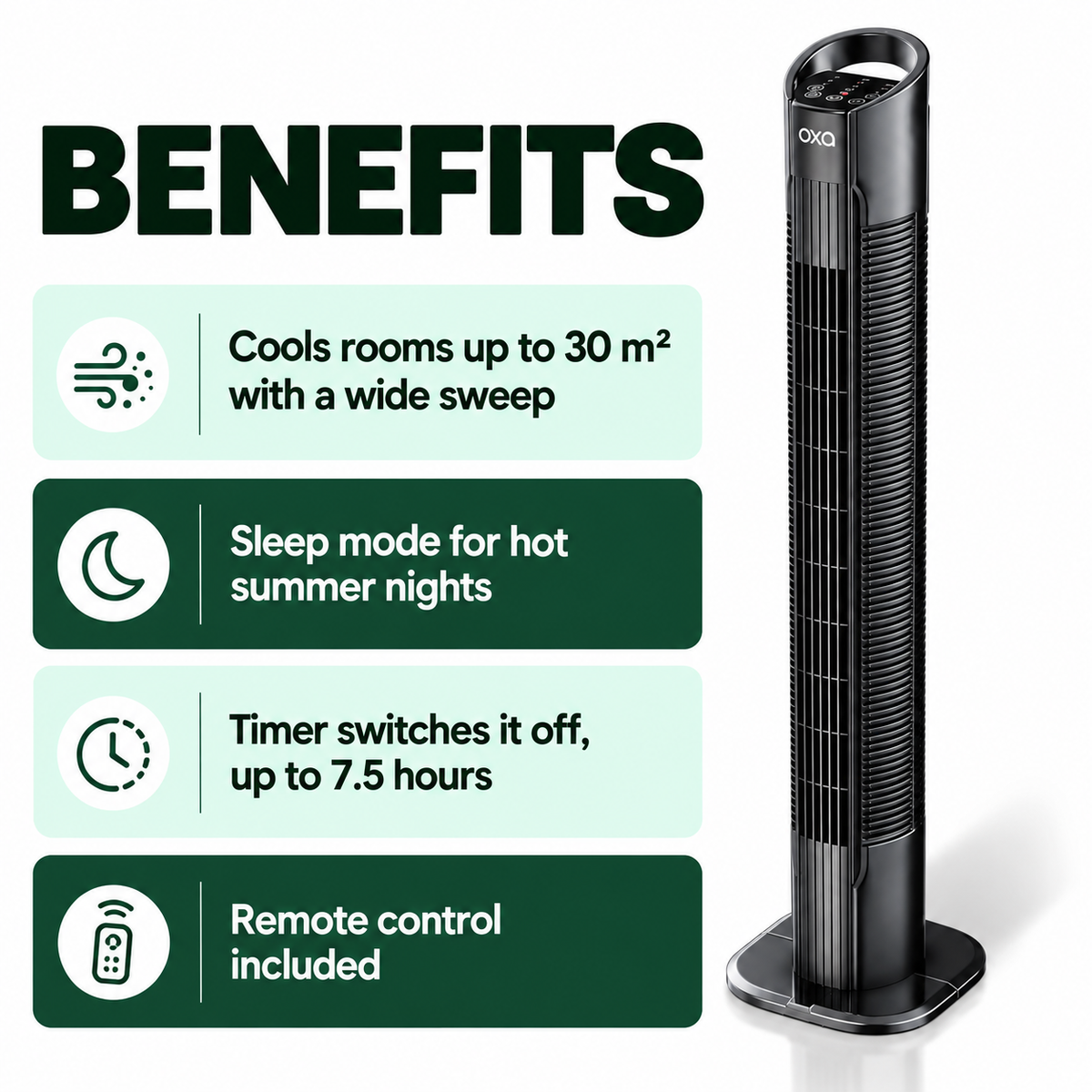 Oxa Tower Fan benefits: cools rooms up to 30 m², sleep mode, timer and remote