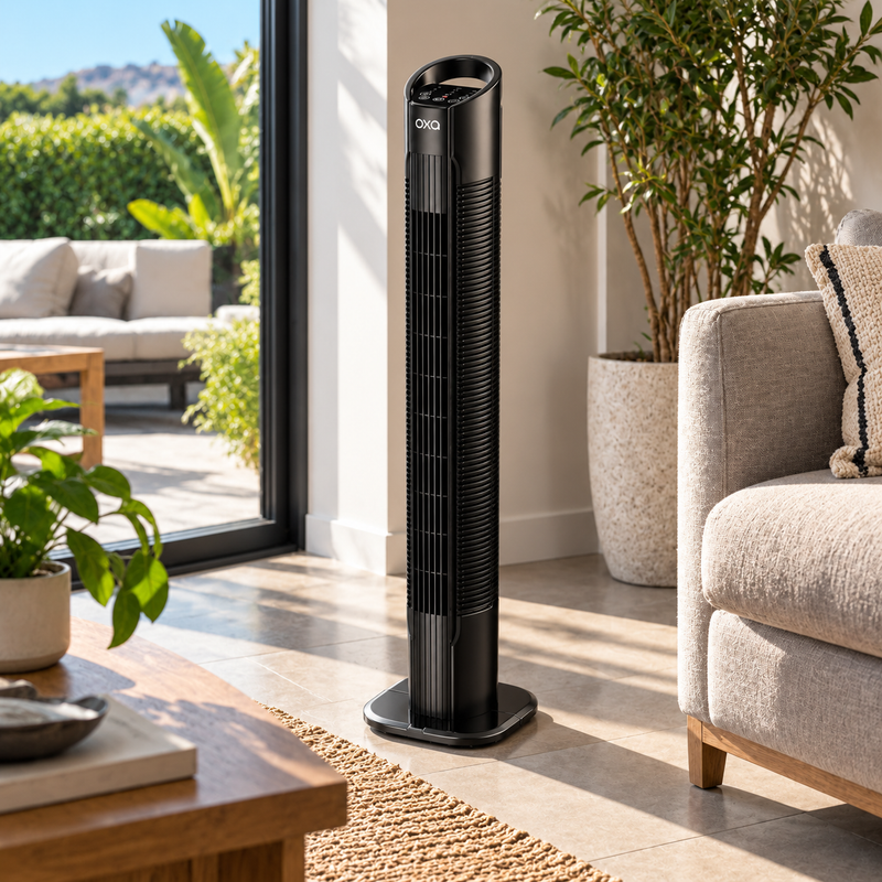 Oxa Tower Fan in a sunny lounge